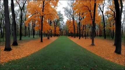 Fototapeta premium Golden Autumn Path Fall foliage lines a parks green pathway.