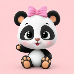 Obraz premium Adorable Cartoon Panda Cub with Pink Bow on Pink Background