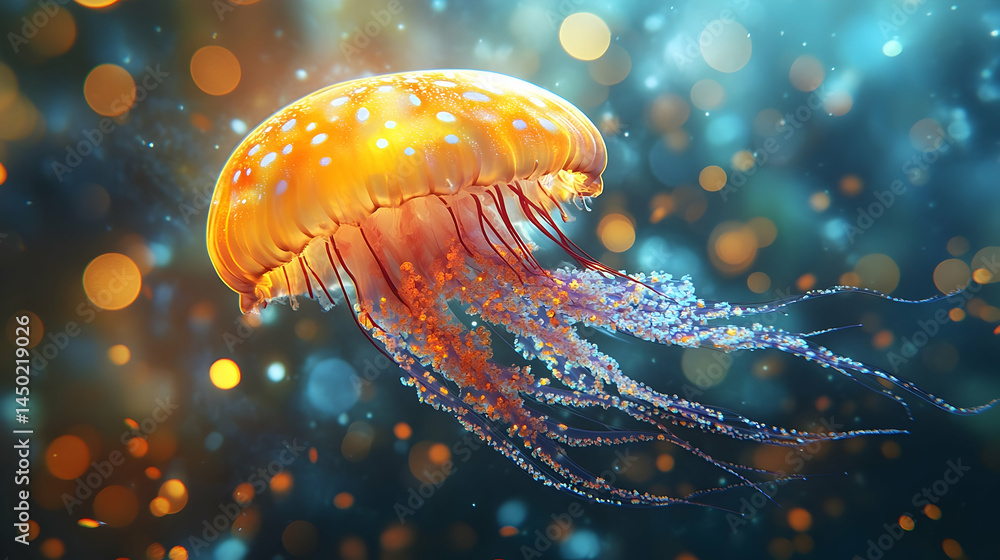 Poster floating jellyfish illuminated by luminous particles.