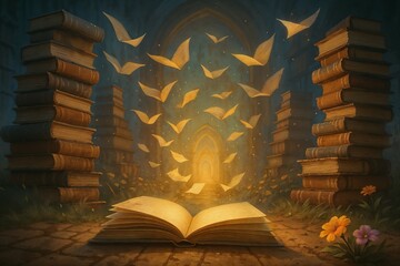 open book transforming into flying leaves in whimsical floral library scene for use in storytelling visuals, book-themed campaigns, fantasy decor, or educational illustrations