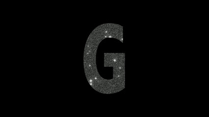 Letter G in silver glitter on a black background in 4k
