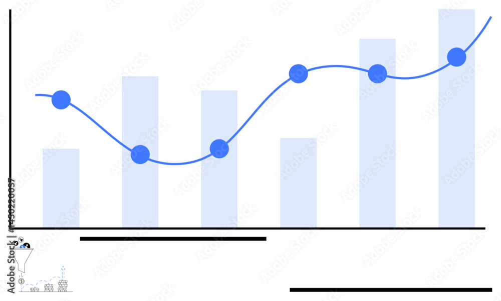 Poster line graph with upward trend crossing bar chart, representing data analysis, performance, and growth