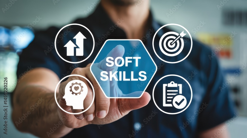 Poster a man's hand interacts with a graphic display of soft skills.