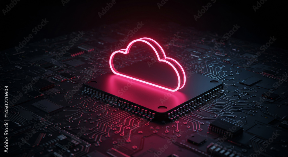 Poster neon pink cloud icon on a dark circuit board. abstract depiction of cloud computing technology with 