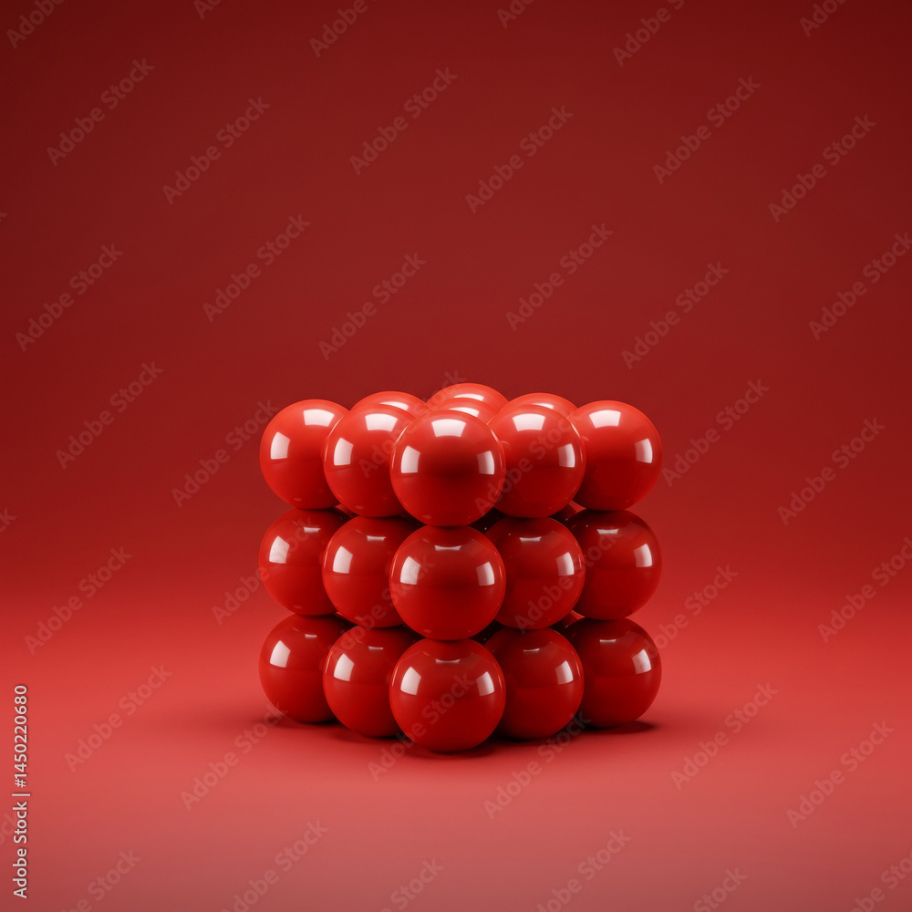 Poster red sphere cube on a red background. geometric arrangement of polished spheres forming a cube shape.