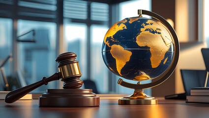 Law, legal services, advice, justice and law concept picture with gavel and world globe