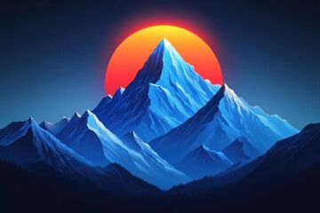 Mountain climbing emblem showcasing a majestic peak under a vivid sunset backdrop