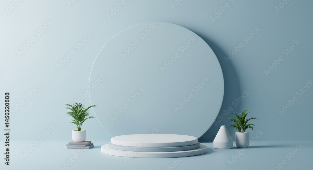 Poster modern minimalist display podium with potted plants in a light blue room. empty platform for product