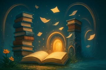 open book with glowing light and floating pages in mystical dark library scene for use in fantasy storytelling visuals, educational posters, book cover designs, or inspirational content