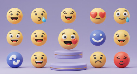 Collection of diverse digital emoji expressions in various emotional states. Floating against a lavender backdrop, each emoji displays a specific emotion and expression.