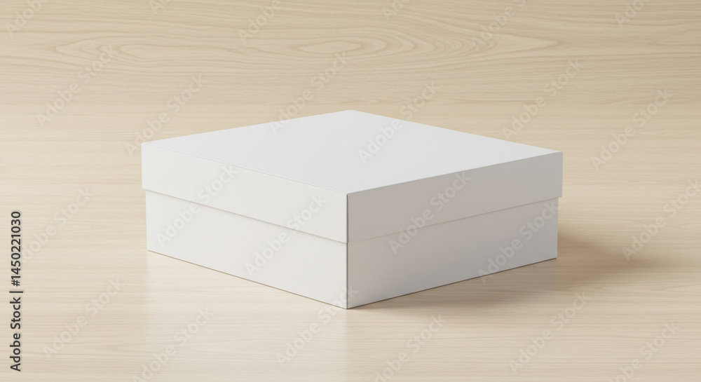 Poster empty white box on light beige wooden surface. blank box positioned for product display. empty box m