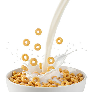 A stream of white milk pours into a white bowl filled with golden ring-shaped cereal, causing a splash and scattering some cereal pieces, all against a transparent background