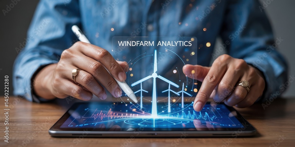 Poster hands interacting with a digital wind turbine display.