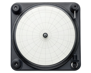 Top view of record player turntable with gridded slipmat design on a transparent background