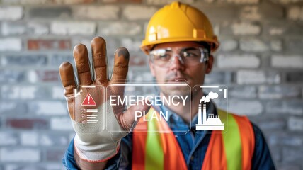 Focused construction worker interacts with an emergency plan overlay.