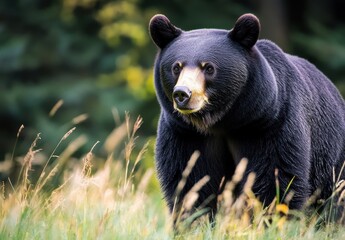 Fototapeta premium Majestic Black Bear Strolling Through Lush Green Grass in the Wild, Capturing Nature's Beauty and Strength in a Serene Natural Habitat