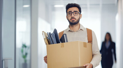 Unemployed man with sad expression carrying box of office belongings after layoff, symbolizing job loss, career change and workplace transition.