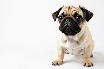 Obraz premium A solo pug, isolated on a pure white backdrop, looks directly at the viewer, wrinkles, adorable