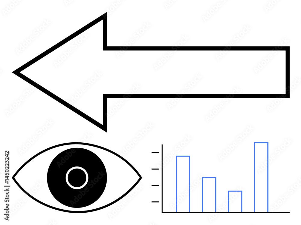 Poster left-pointing arrow, minimalist eye, bar chart with bars of varying heights. ideal for data analysis