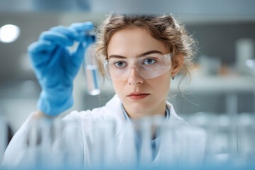 Focused Female Scientist Examining Test Tube in Lab