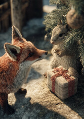 Obraz premium a squirrel and a fox are standing near a christmas tree and presents in a box, with a pine cone in the background