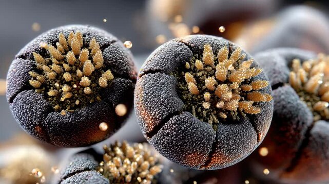 mold spore pod in macro mold spore pod cluster with mold spore pod detail ,spore pod macro, mold spore capsule, glowing fungal sphere
