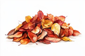Fototapeta premium Watercolor of a pile of autumn leaves in warm hues, soft washes of color, plain white background