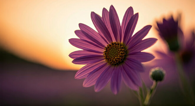 Sunset hues illuminate a single purple flower, petals unfurling in soft light