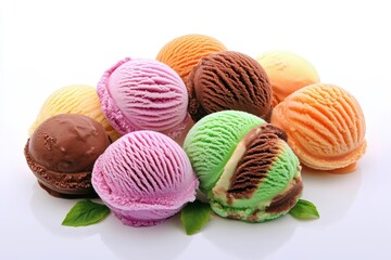 Obraz premium Colorful assortment of ice cream scoops arranged artistically with mint leaves