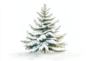 Obraz premium Watercolor of a snow-covered pine tree, capturing the essence of winter, minimalistic clipart isolated on white background