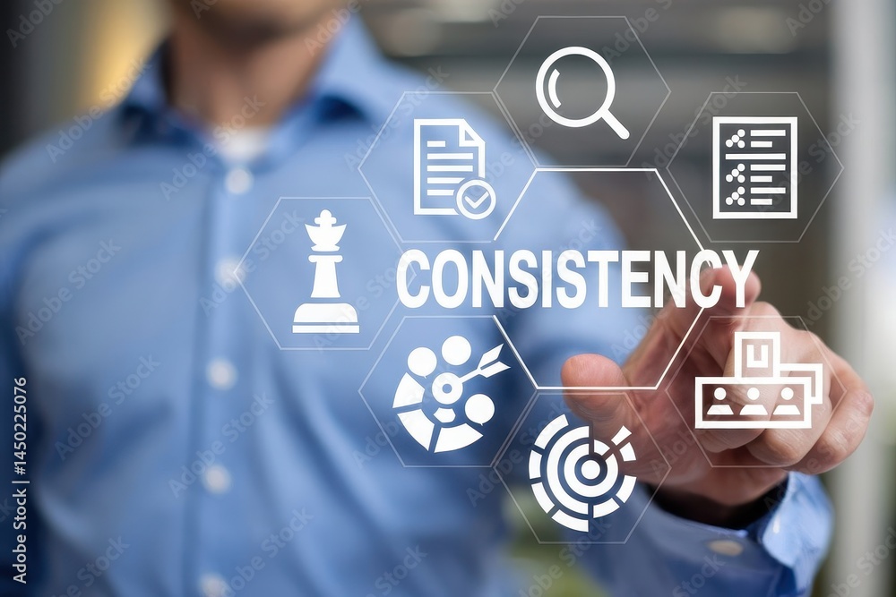 Poster businessman interacts with a digital interface highlighting consistency.