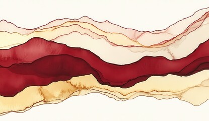 Abstract landscape of layered, flowing crimson and gold colors.  Detailed, textured layers resemble mountain ranges