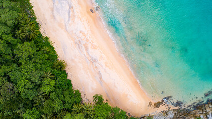 Amazing Top view sea beach landscape background,Summer sea waves crashing on sandy shore seascape background,High angle view ocean nature background