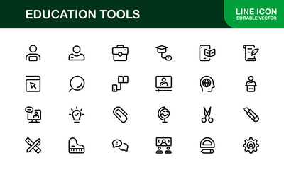 Modern Education Tools Icon Set Vector Illustration. Featuring Essential Symbols for Learning, Teaching, and Study to Enhance for Educational Projects.