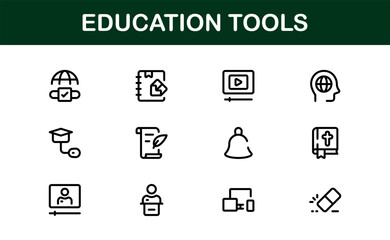 Modern Education Tools Icon Set Vector Illustration. Featuring Essential Symbols for Learning, Teaching, and Study to Enhance for Educational Projects.