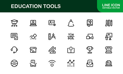 Modern Education Tools Icon Set Vector Illustration. Featuring Essential Symbols for Learning, Teaching, and Study to Enhance for Educational Projects.