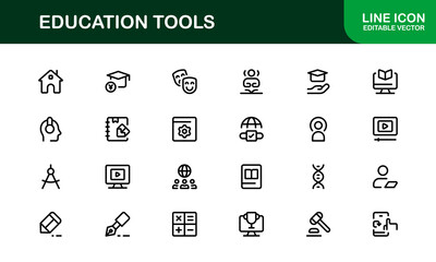 Modern Education Tools Icon Set Vector Illustration. Featuring Essential Symbols for Learning, Teaching, and Study to Enhance for Educational Projects.