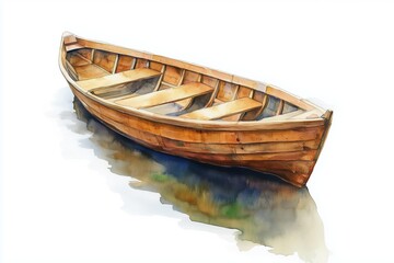 Obraz premium Watercolor of a wooden rowboat floating on calm waters, minimalistic clipart isolated on white background