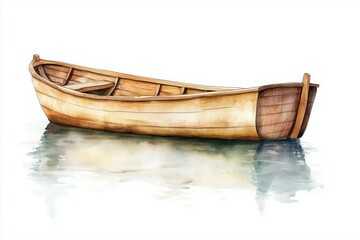 Watercolor of a wooden rowboat floating on calm waters, minimalistic clipart isolated on white background