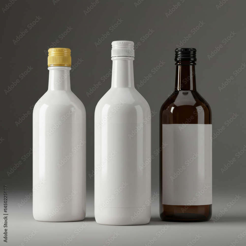 Poster blank white and brown beverage bottles on a gray background. three empty bottles with blank labels, 
