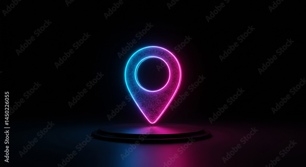 Poster neon location marker icon on a dark stage. abstract glowing symbol displayed on a dark studio backdr