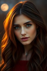 Fototapeta premium Beautiful Woman with Brown Hair and Green Eyes in Golden Light