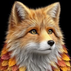 Fototapeta premium Autumnal Fox Portrait Red Fur, Orange Leaves, Black Background