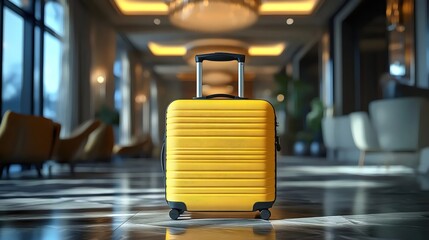 A cheerful yellow suitcase poised in a hotel lobby anticipates an exciting adventure ahead.