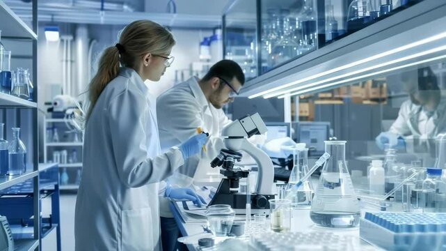 Two scientists are working in well-lit laboratory. They are wearing lab coats , gloves, , are surrounded by microscopes, beakers, , other lab equipment. The shelves in background are full of supplies. - Powered by Adobe