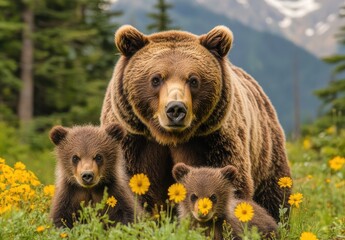 Fototapeta premium Majestic brown bear family with two adorable cubs surrounded by vibrant flowers in a lush green meadow during a sunny day in the wilderness