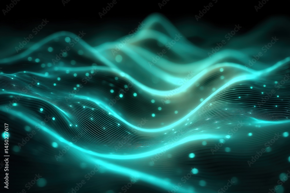 Poster glowing teal digital waves with floating particles create a futuristic, abstract landscape against a