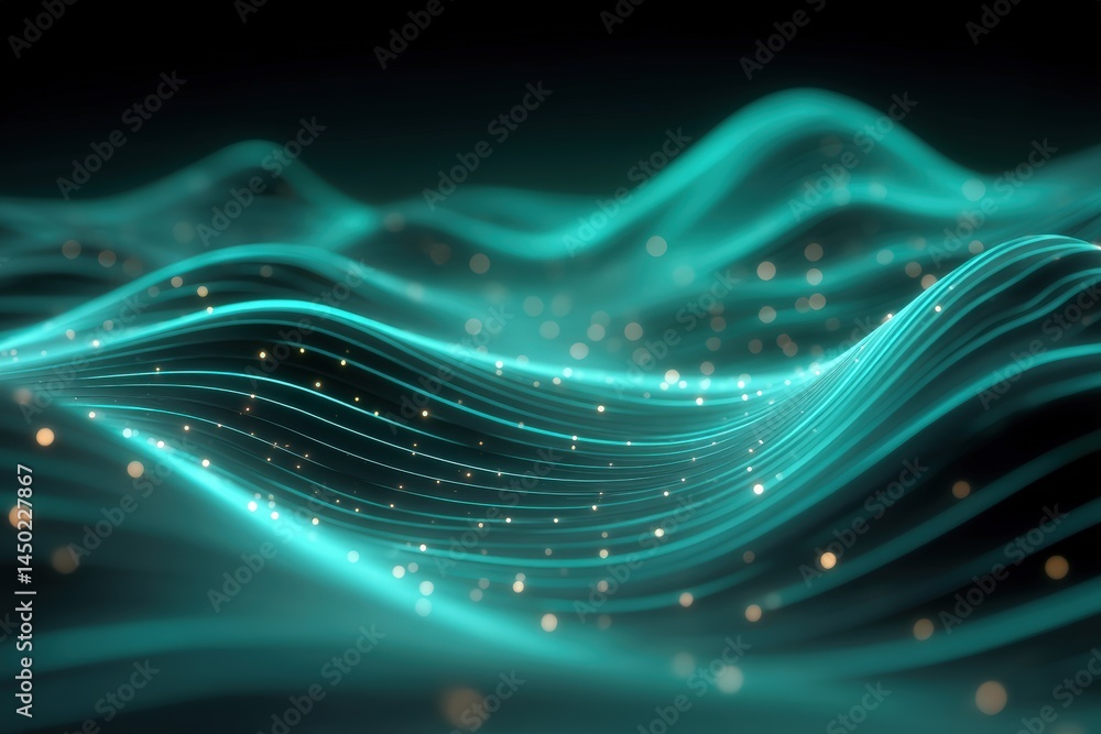 Poster glowing turquoise lines and dots flow in wavy patterns, creating an abstract and futuristic digital 