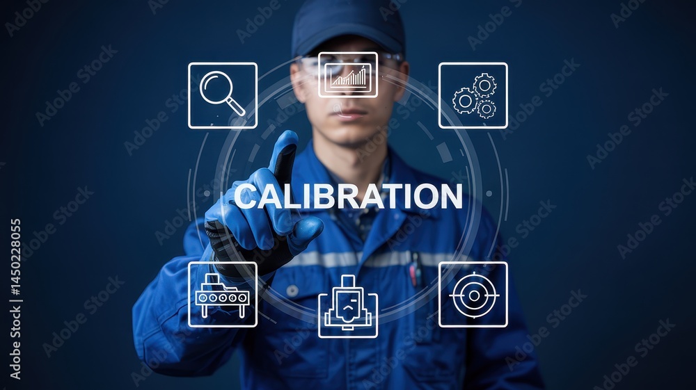 Poster a focused technician interacts with a digital calibration interface.