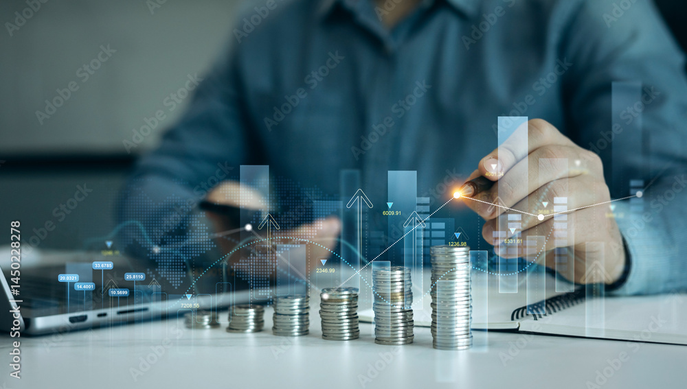 Poster saving money concept.stack of coins with trading price graph growth.money business financial graph d